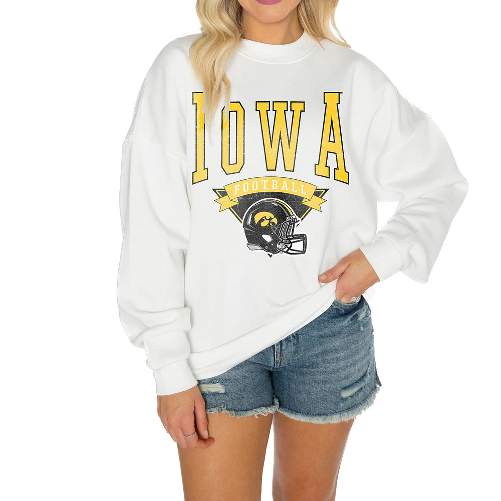 Women's Gameday Couture White Iowa Hawkeyes Oversized Good Vibes Premium Fleece Drop Shoulder Pullover Sweatshirt