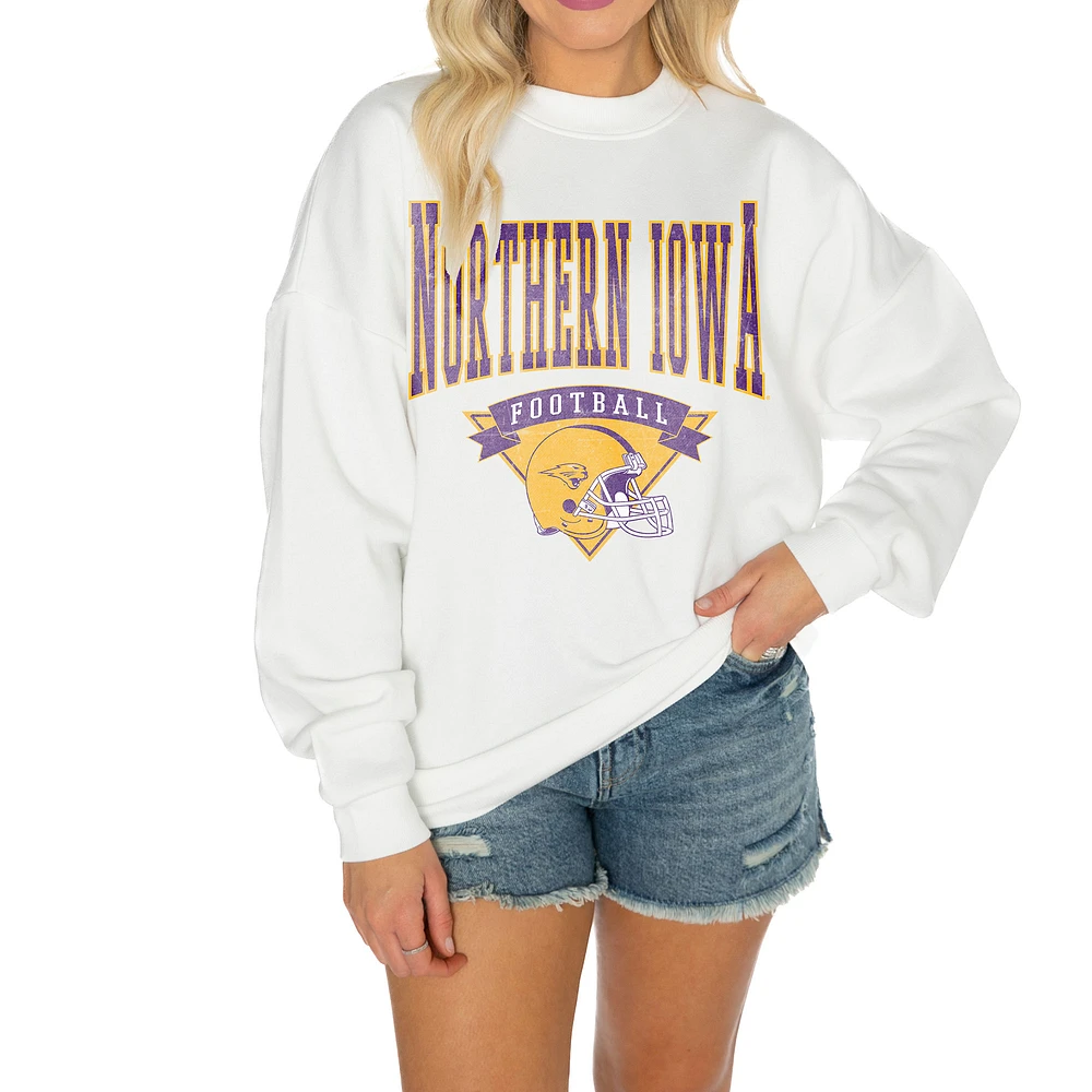 Women's Gameday Couture White Northern Iowa Panthers Oversized Good Vibes Premium Fleece Drop Shoulder Pullover Sweatshirt
