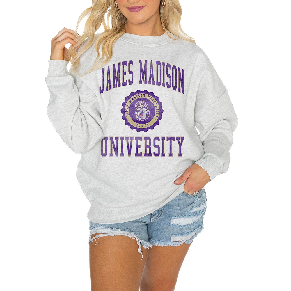 Women's Gameday Couture Steel James Madison Dukes Oversized Good Vibes Premium Fleece Drop Shoulder Pullover Sweatshirt