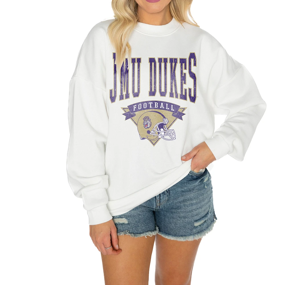 Women's Gameday Couture White James Madison Dukes Oversized Good Vibes Premium Fleece Drop Shoulder Pullover Sweatshirt