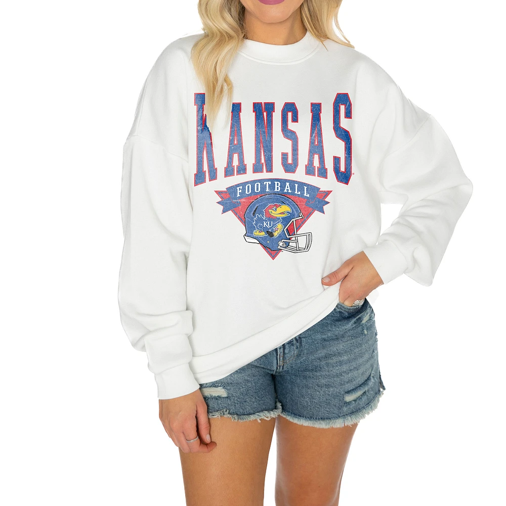 Women's Gameday Couture White Kansas Jayhawks Oversized Good Vibes Premium Fleece Drop Shoulder Pullover Sweatshirt