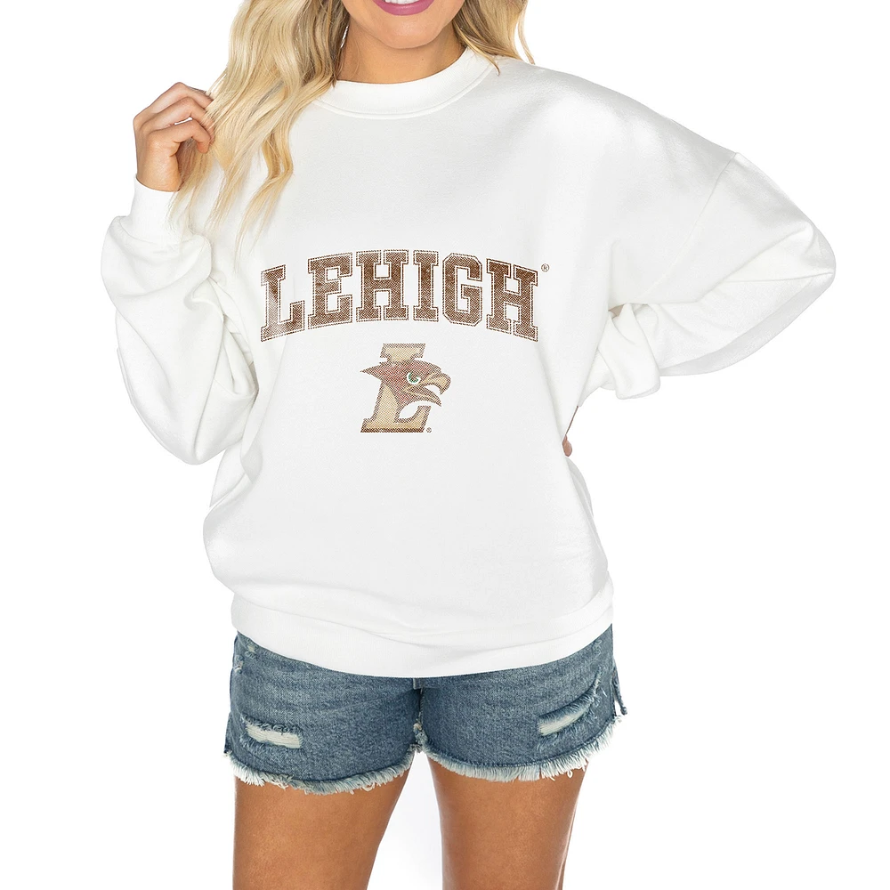 Women's Gameday Couture White Lehigh Mountain Hawks Oversized Good Vibes Premium Fleece Drop Shoulder Pullover Sweatshirt