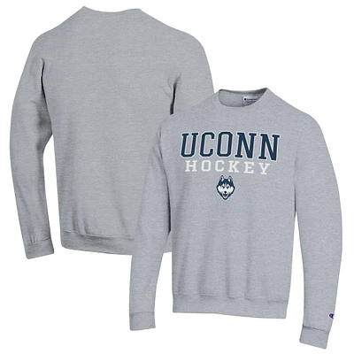 Men's Champion Heather Gray UConn Huskies Stack Logo Hockey Powerblend Pullover Sweatshirt