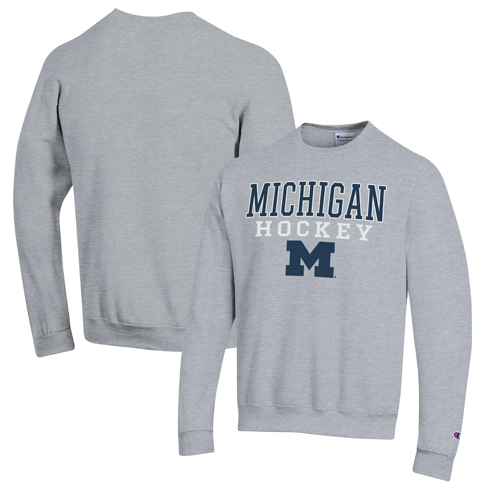 Men's Champion Heather Gray Michigan Wolverines Stack Logo Hockey Powerblend Pullover Sweatshirt