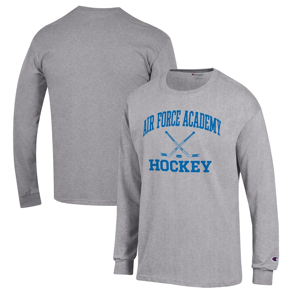 Men's Champion Heather Gray Air Force Falcons Hockey Icon Powerblend Long Sleeve T-Shirt