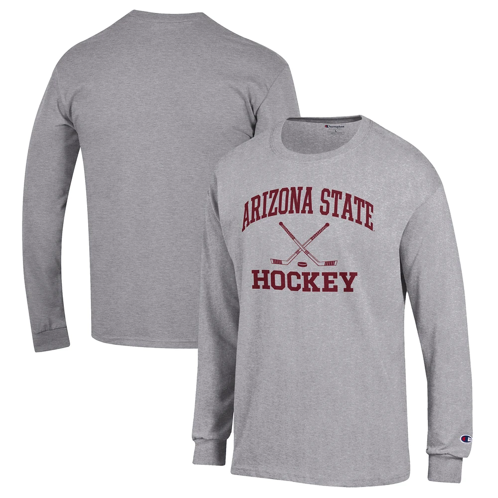 Men's Champion Heather Gray Arizona State Sun Devils Hockey Icon Powerblend Long Sleeve T-Shirt
