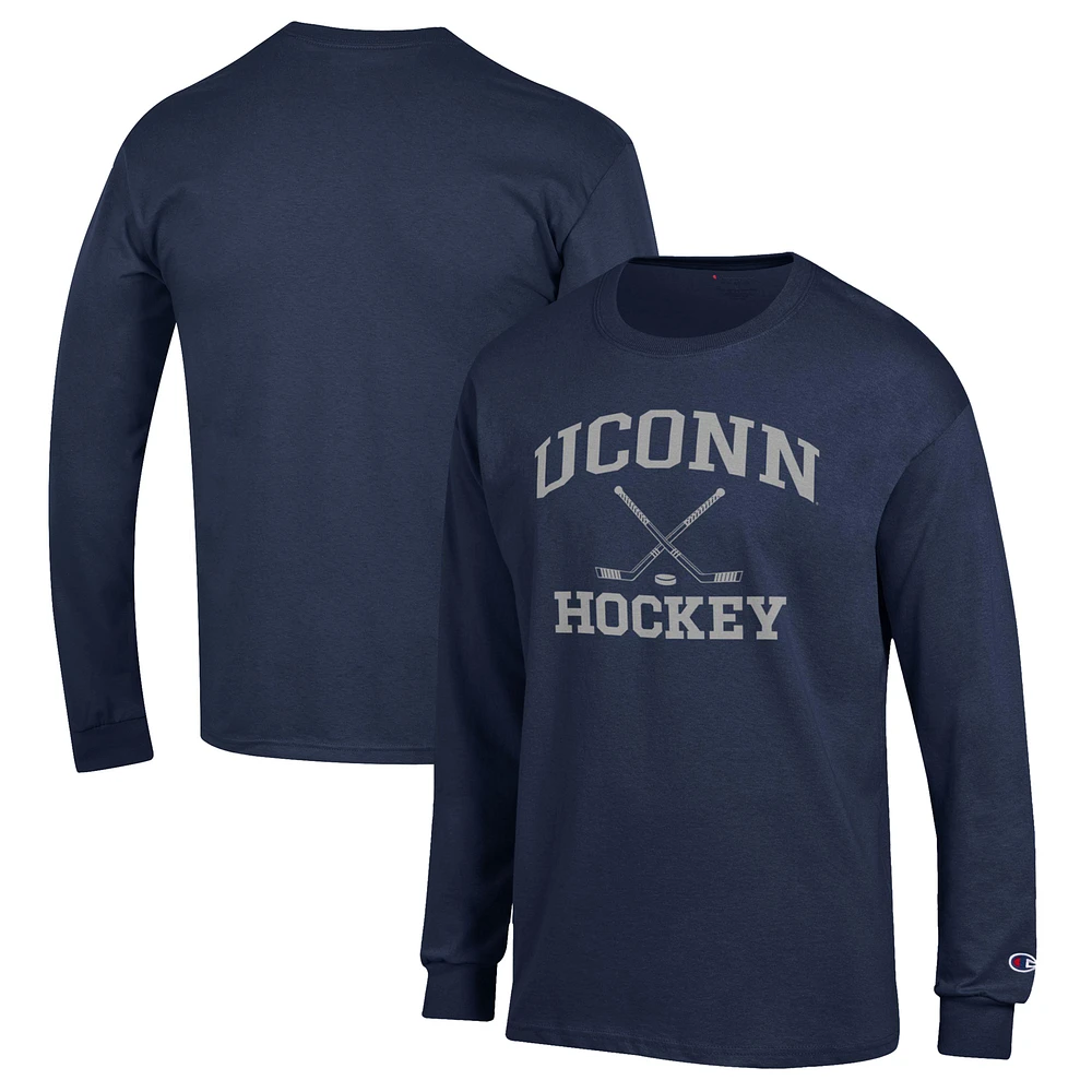 Men's Champion Navy UConn Huskies Hockey Icon Powerblend Long Sleeve T-Shirt