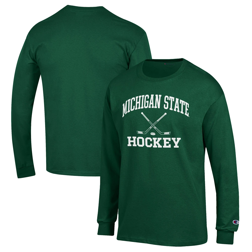 Men's Champion Green Michigan State Spartans Hockey Icon Powerblend Long Sleeve T-Shirt