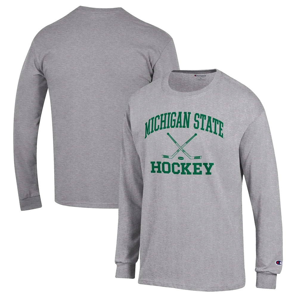 Men's Champion Heather Gray Michigan State Spartans Hockey Icon Powerblend Long Sleeve T-Shirt