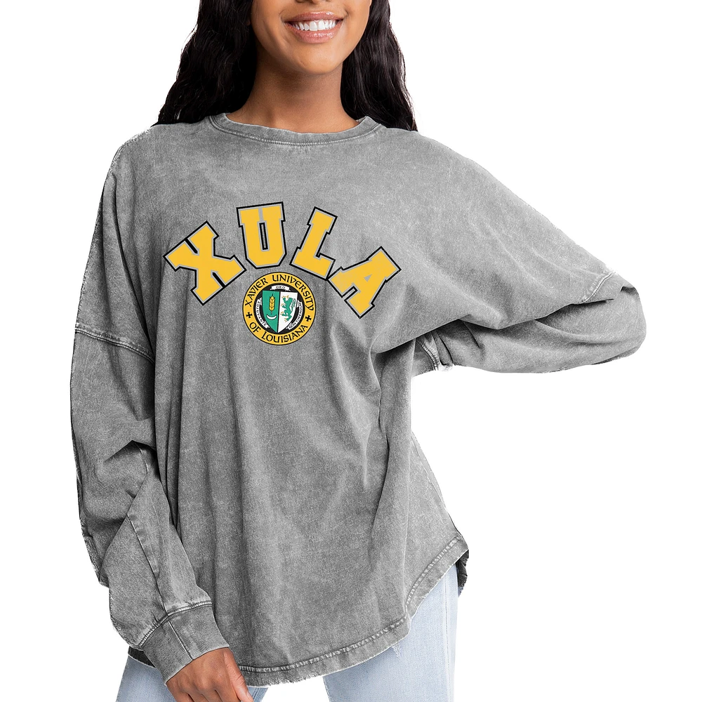 Women's Gameday Couture Gray XULA Gold Faded Wash Pullover Sweatshirt