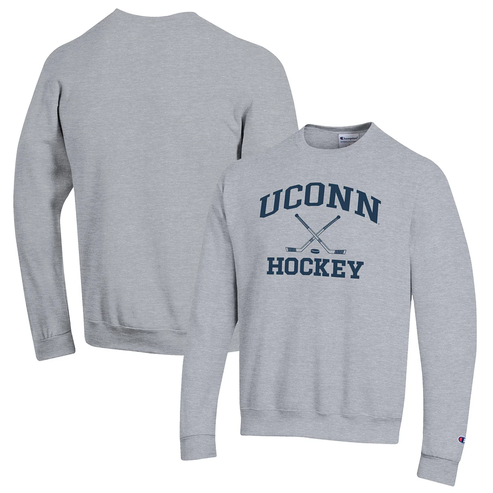 Men's Champion Heather Gray UConn Huskies Hockey Icon Powerblend Pullover Sweatshirt