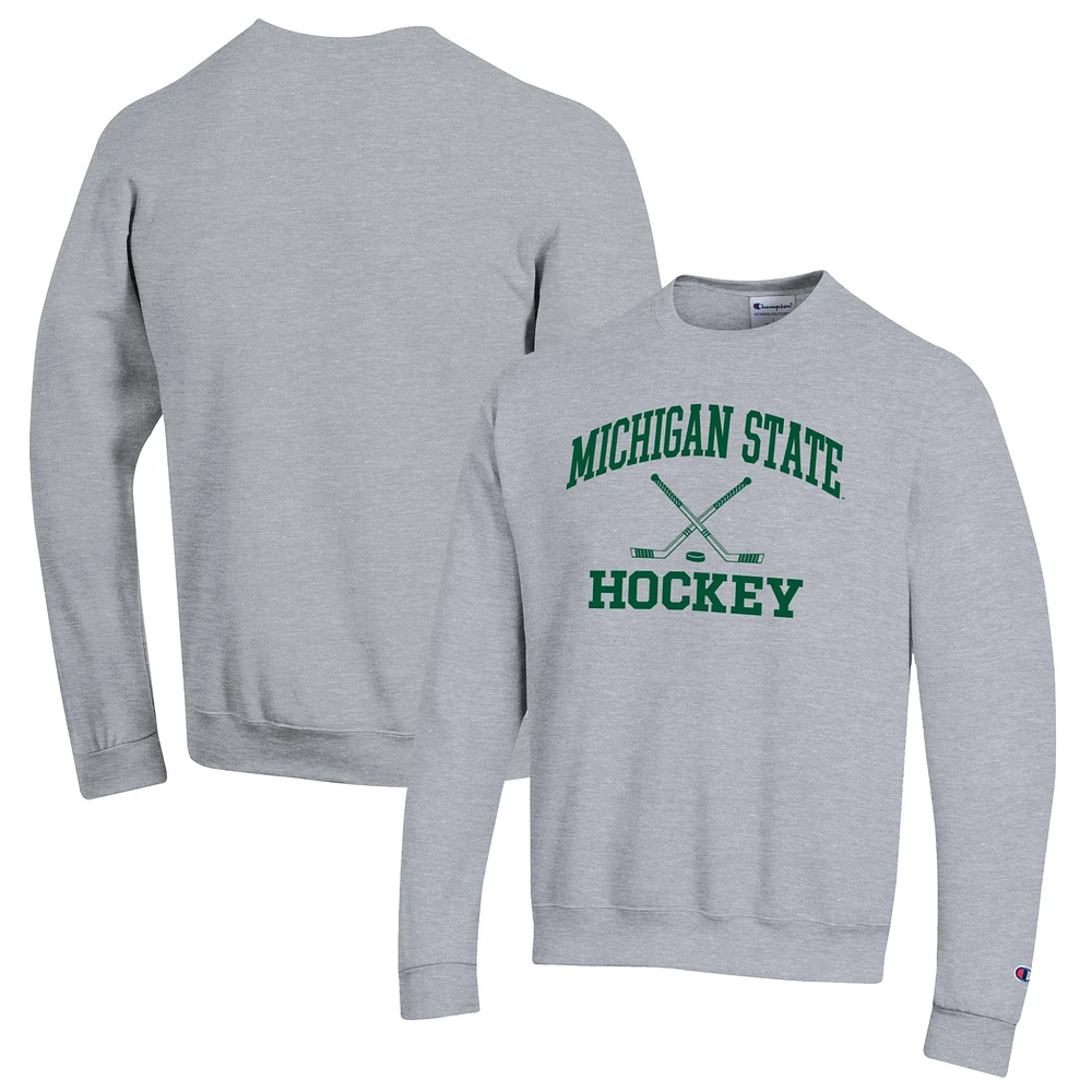 Men's Champion Heather Gray Michigan State Spartans Hockey Icon Powerblend Pullover Sweatshirt
