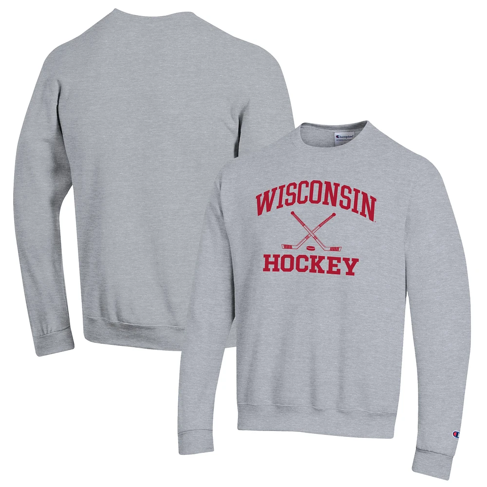 Men's Champion Heather Gray Wisconsin Badgers Hockey Icon Powerblend Pullover Sweatshirt