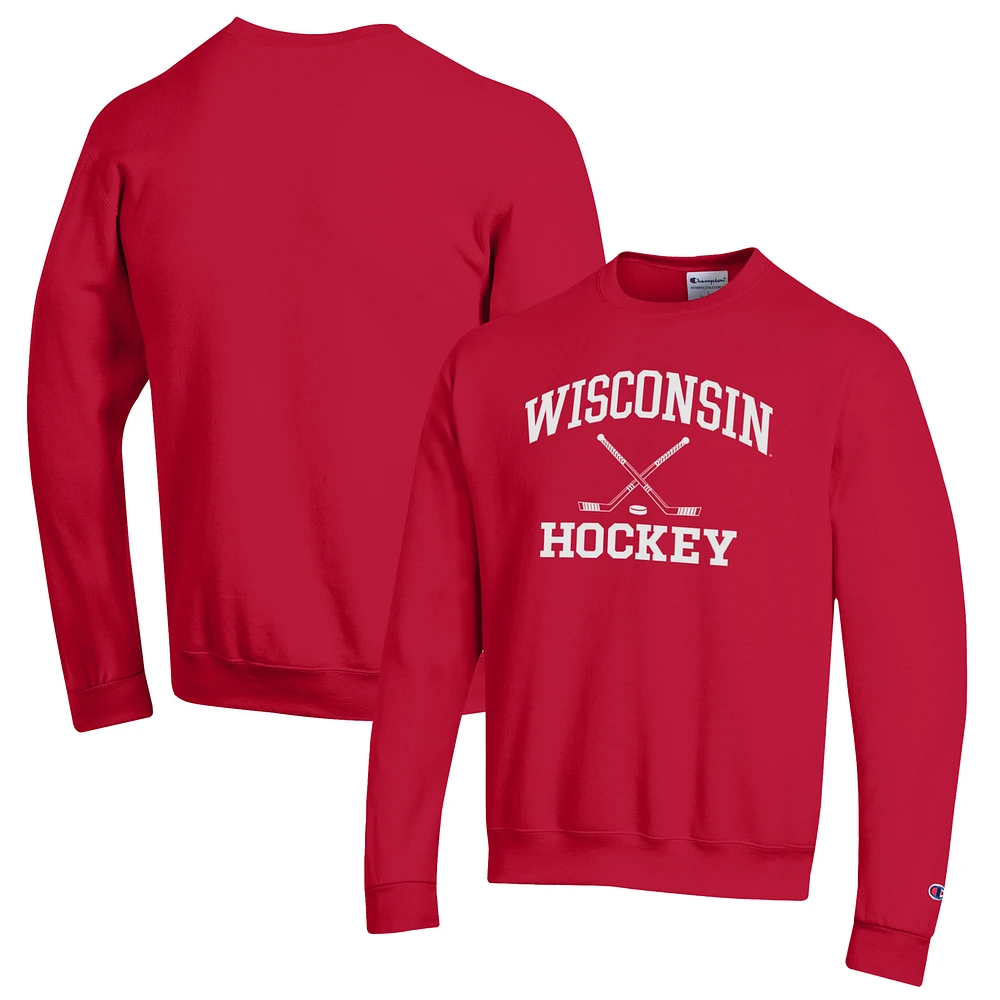 Men's Champion Red Wisconsin Badgers Hockey Icon Powerblend Pullover Sweatshirt