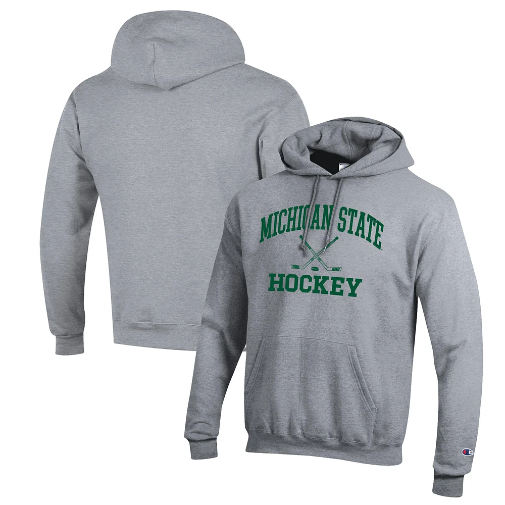 Men's Champion Heather Gray Michigan State Spartans Hockey Icon Powerblend Pullover Hoodie