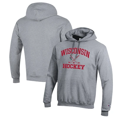 Men's Champion Heather Gray Wisconsin Badgers Hockey Icon Powerblend Pullover Hoodie