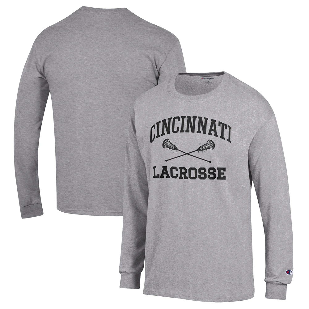 Men's Champion Heather Gray Cincinnati Bearcats Lacrosse Icon Powerblend Long Sleeve T-Shirt