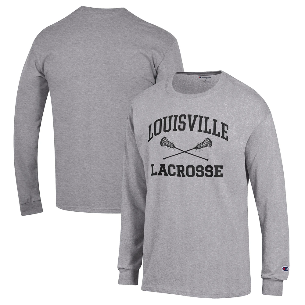 Men's Champion Heather Gray Louisville Cardinals Lacrosse Icon Powerblend Long Sleeve T-Shirt