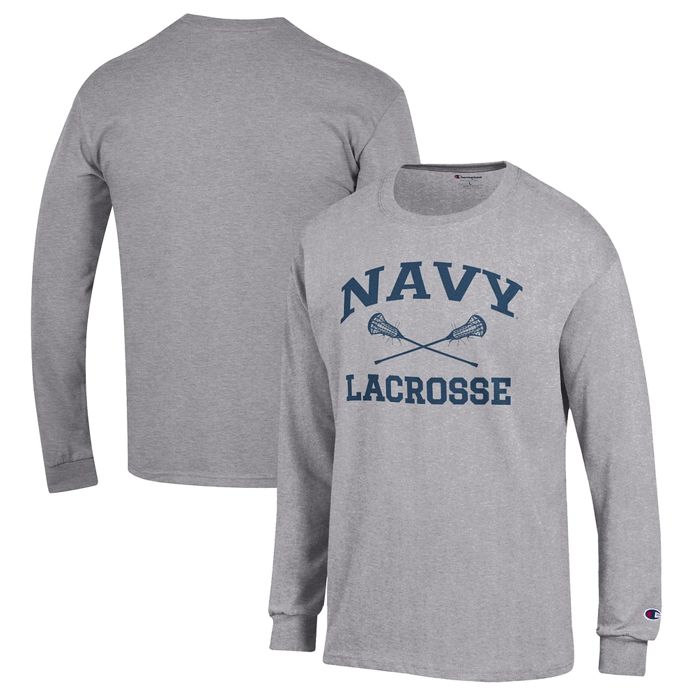 Men's Champion Heather Gray Navy Midshipmen Lacrosse Icon Powerblend Long Sleeve T-Shirt