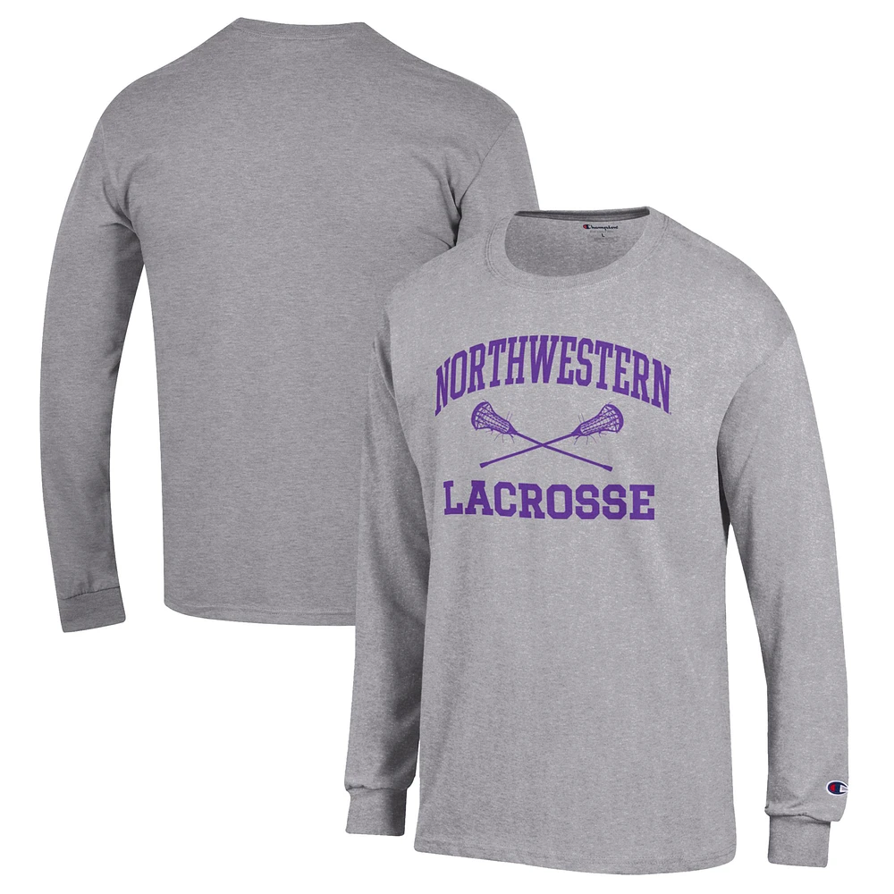 Men's Champion Heather Gray Northwestern Wildcats Lacrosse Icon Powerblend Long Sleeve T-Shirt