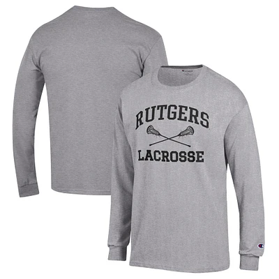 Men's Champion Heather Gray Rutgers Scarlet Knights Lacrosse Icon Powerblend Long Sleeve T-Shirt
