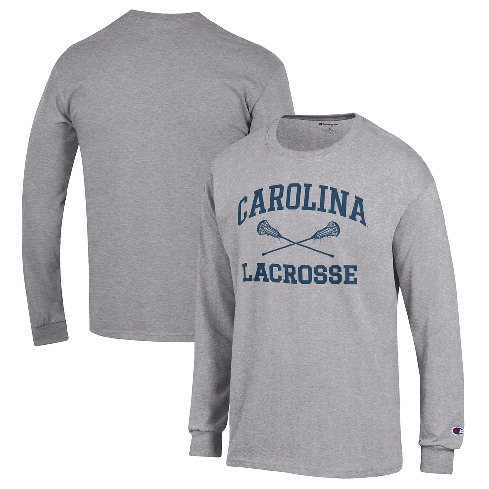 Men's Champion Heather Gray North Carolina Tar Heels Lacrosse Icon Powerblend Long Sleeve T-Shirt