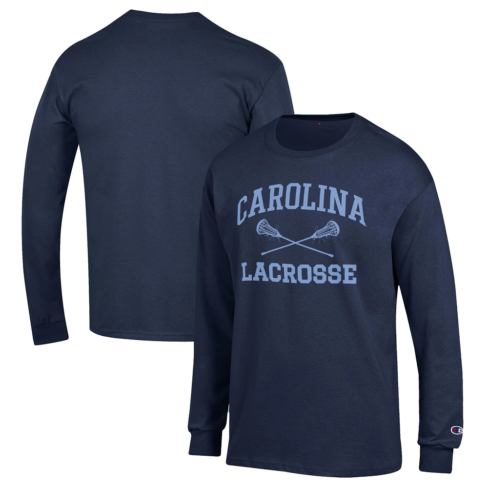 Men's Champion Navy North Carolina Tar Heels Lacrosse Icon Powerblend Long Sleeve T-Shirt