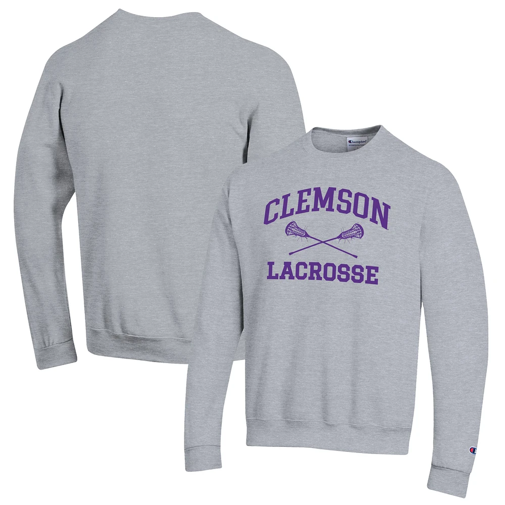 Men's Champion Heather Gray Clemson Tigers Lacrosse Icon Powerblend Pullover Sweatshirt