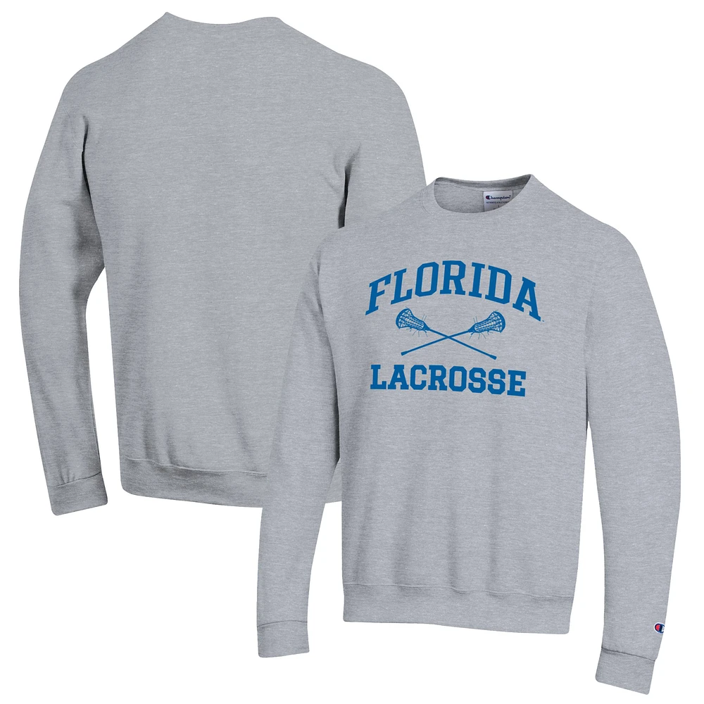 Men's Champion Heather Gray Florida Gators Lacrosse Icon Powerblend Pullover Sweatshirt