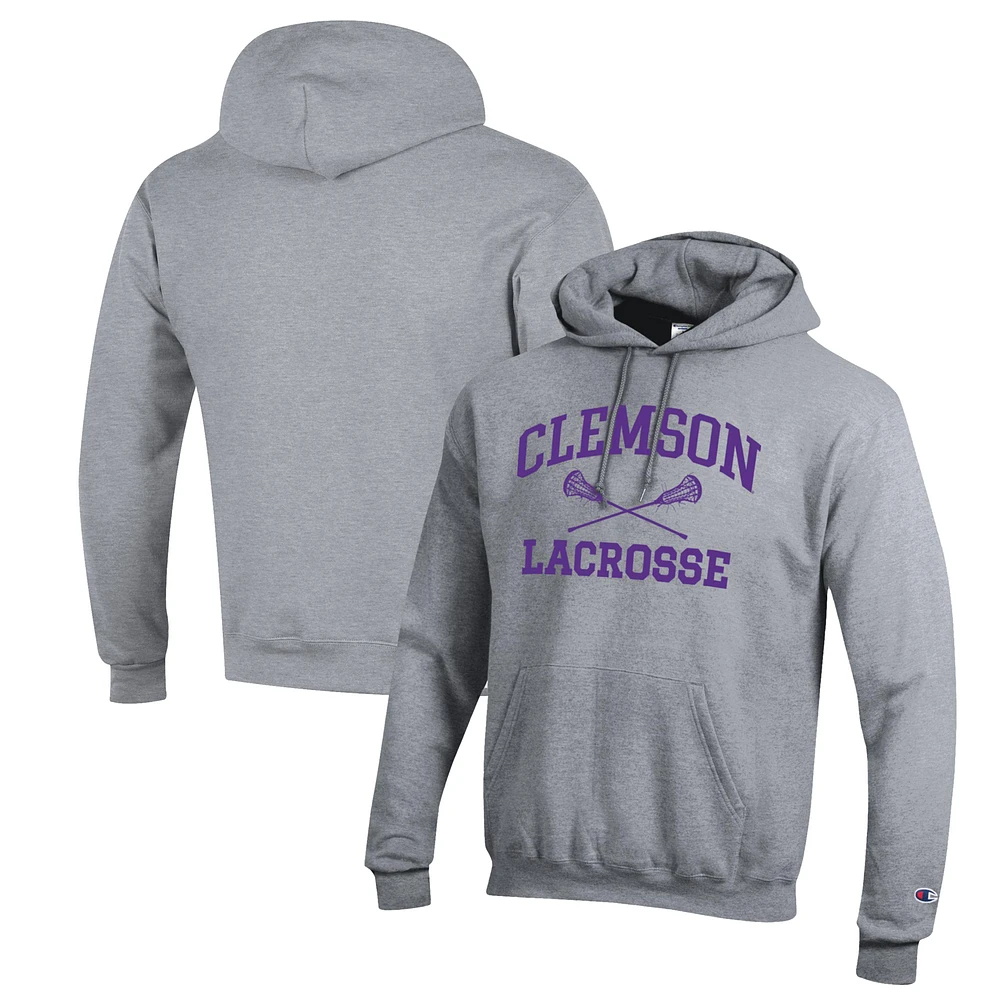 Men's Champion Heather Gray Clemson Tigers Lacrosse Icon Powerblend Pullover Hoodie