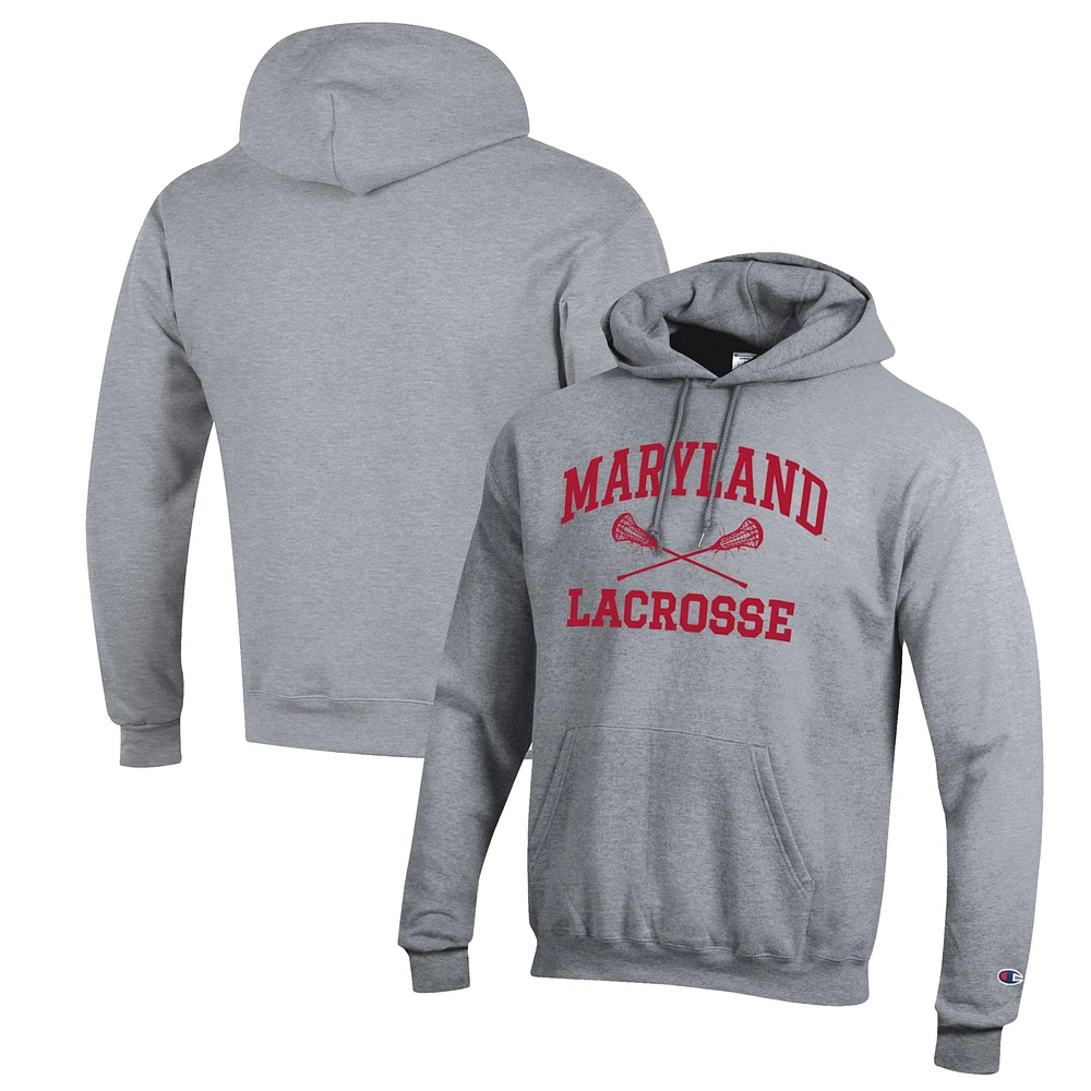 Men's Champion Heather Gray Maryland Terrapins Lacrosse Icon Powerblend Pullover Hoodie
