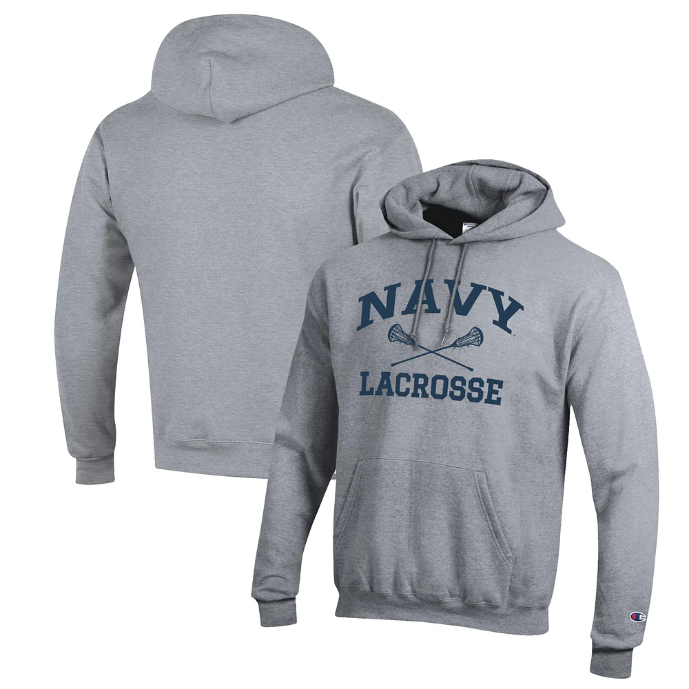 Men's Champion Heather Gray Navy Midshipmen Lacrosse Icon Powerblend Pullover Hoodie