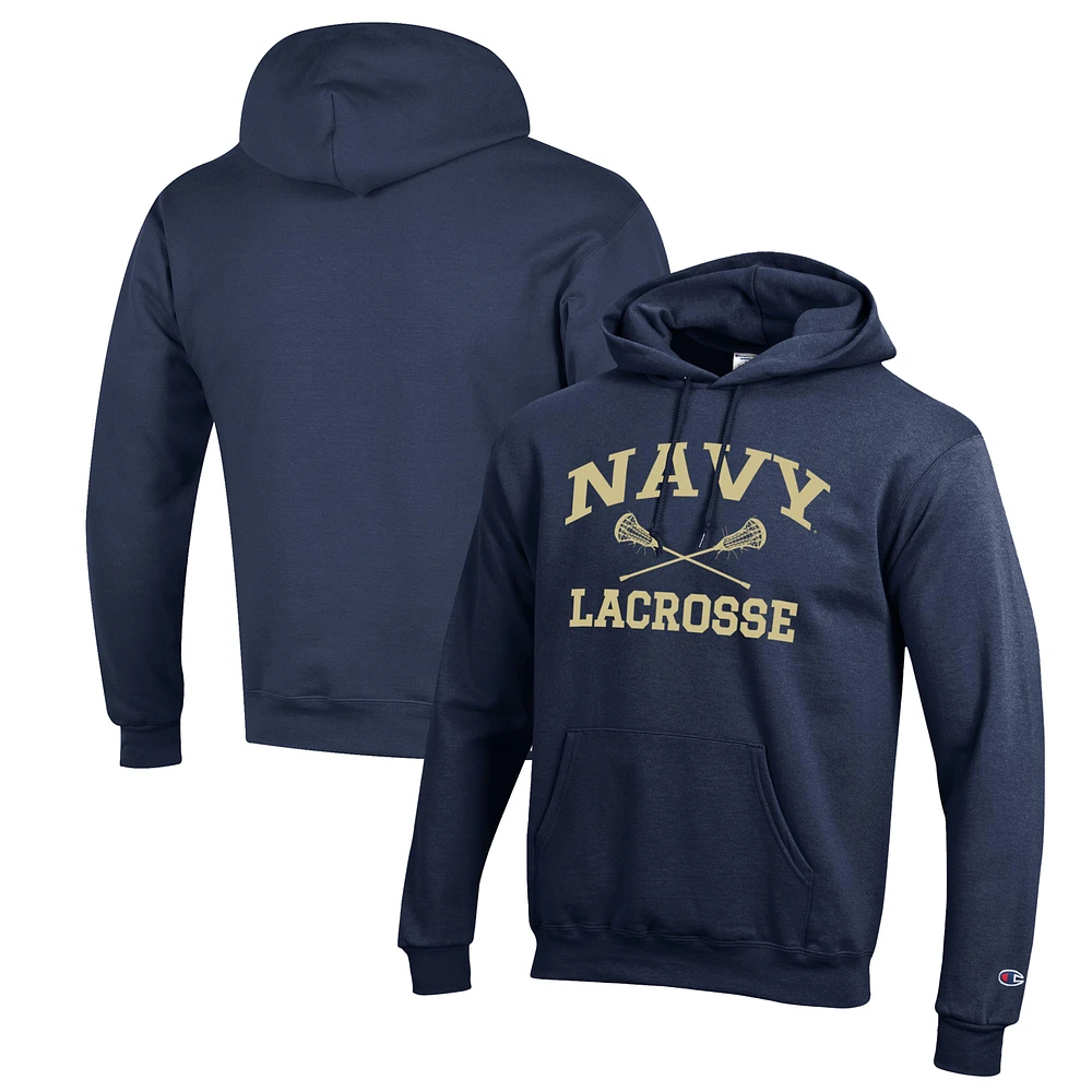 Men's Champion Navy Midshipmen Lacrosse Icon Powerblend Pullover Hoodie
