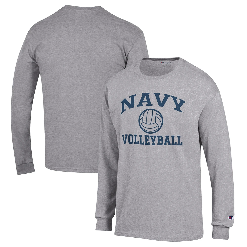 Men's Champion Heather Gray Navy Midshipmen Volleyball Icon Powerblend Long Sleeve T-Shirt
