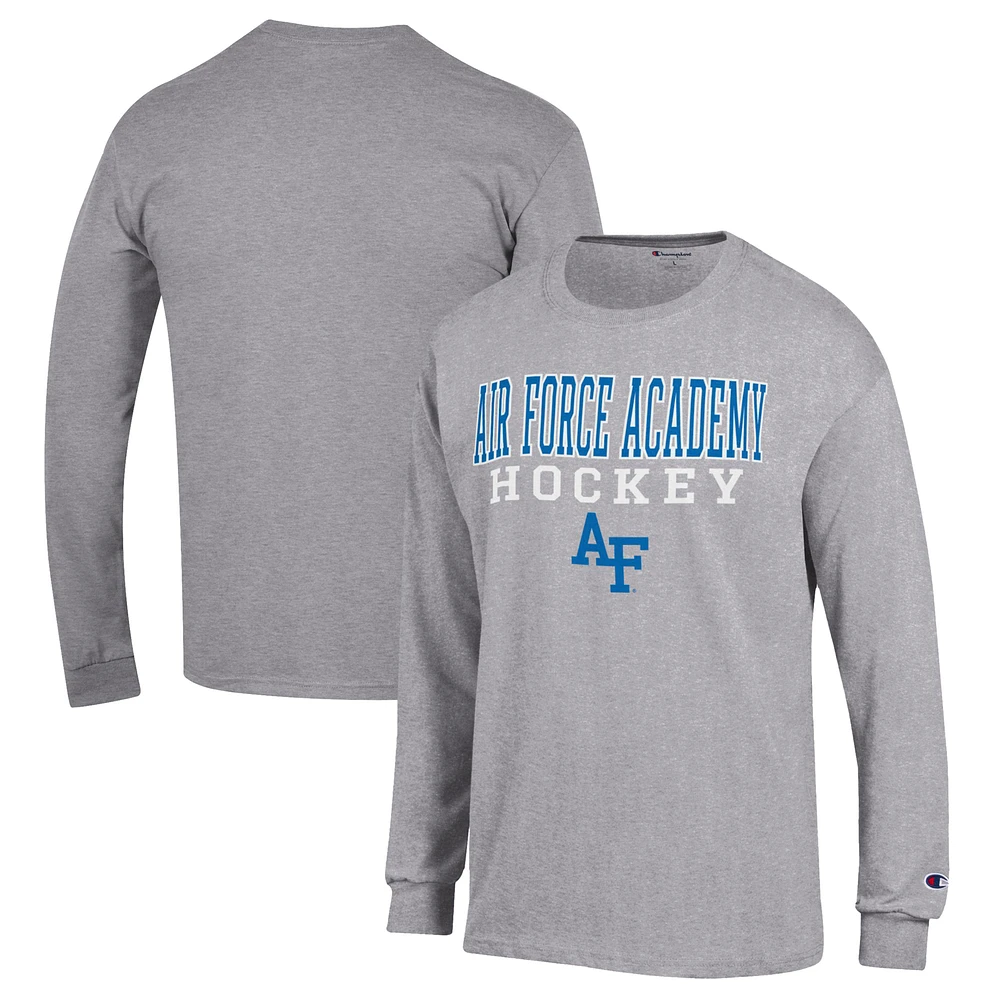 Men's Champion Heather Gray Air Force Falcons Stack Logo Hockey Powerblend Long Sleeve T-Shirt