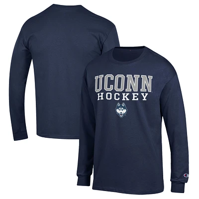 Men's Champion Navy UConn Huskies Stack Logo Hockey Powerblend Long Sleeve T-Shirt