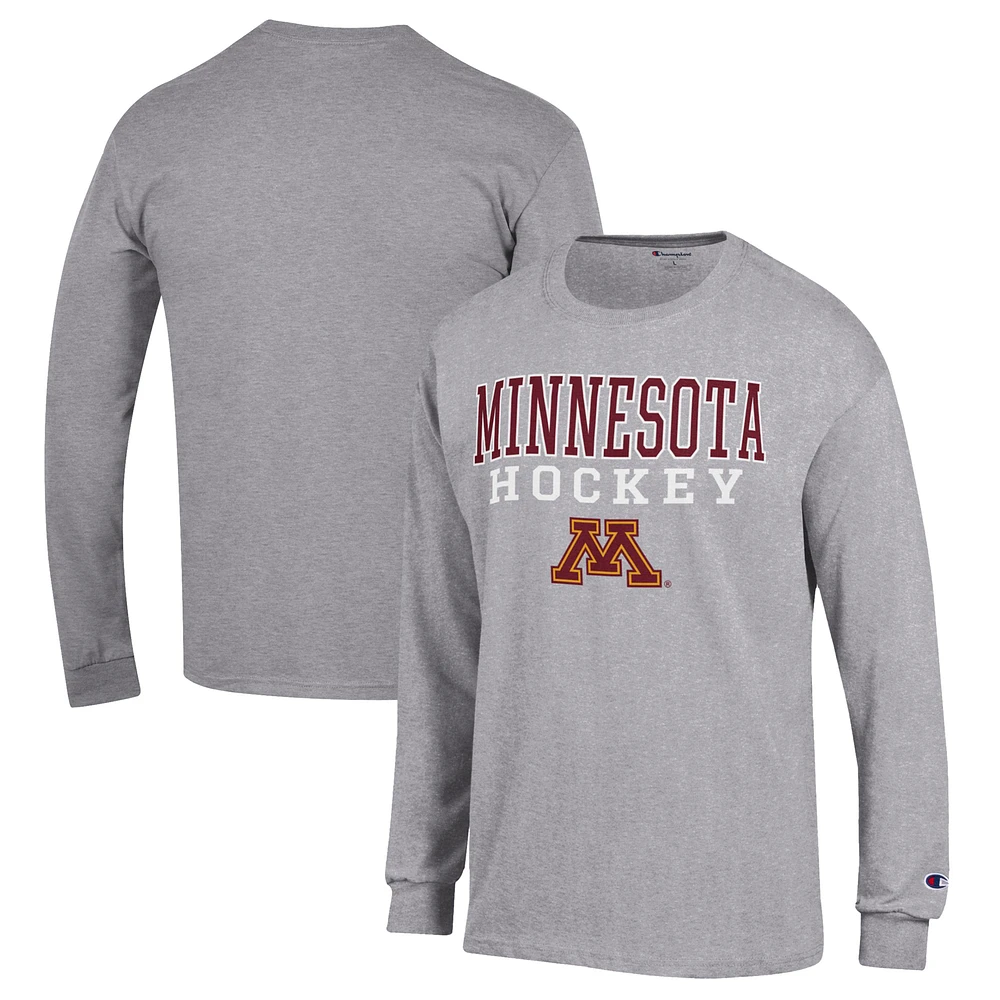 Men's Champion Heather Gray Minnesota Golden Gophers Stack Logo Hockey Powerblend Long Sleeve T-Shirt