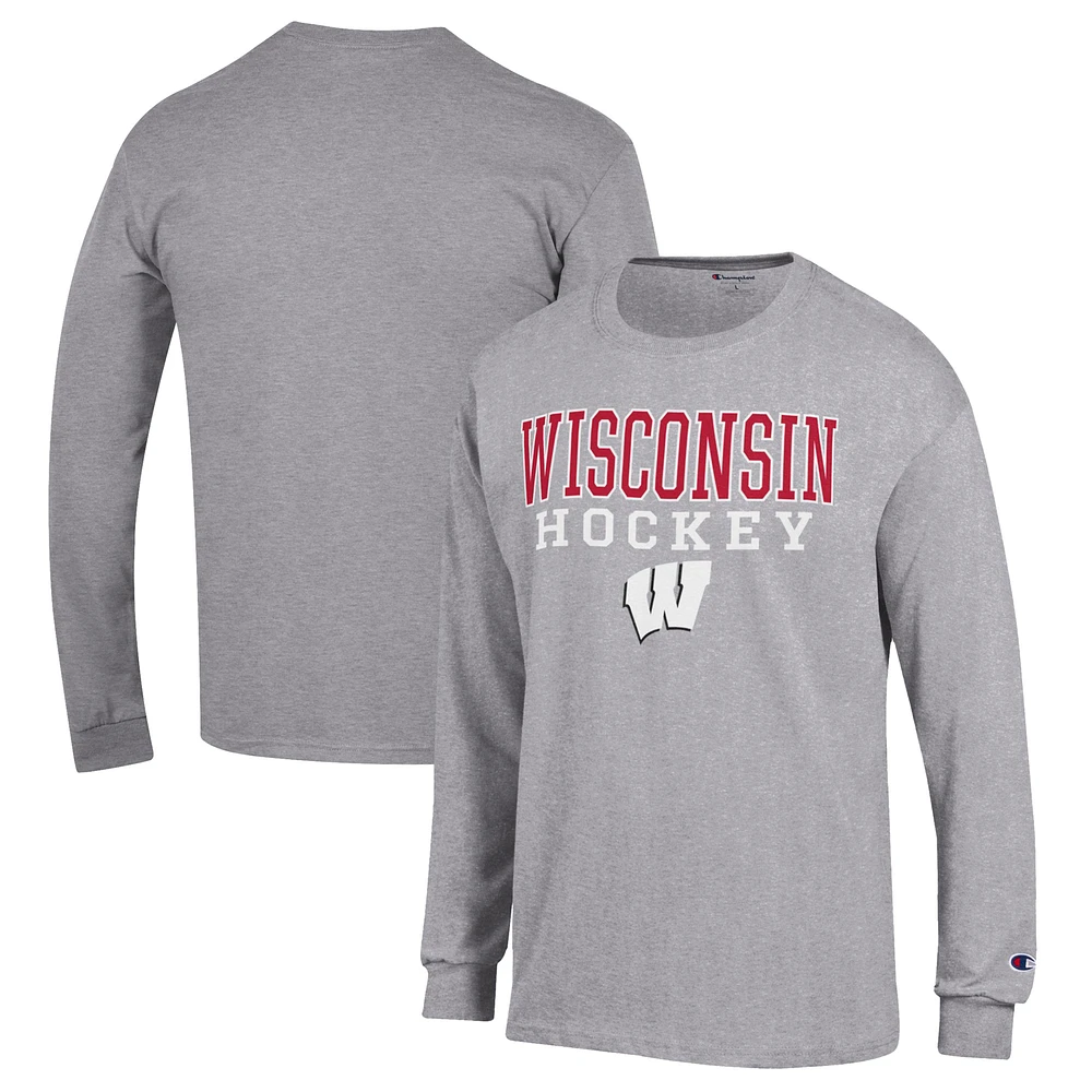 Men's Champion Heather Gray Wisconsin Badgers Stack Logo Hockey Powerblend Long Sleeve T-Shirt