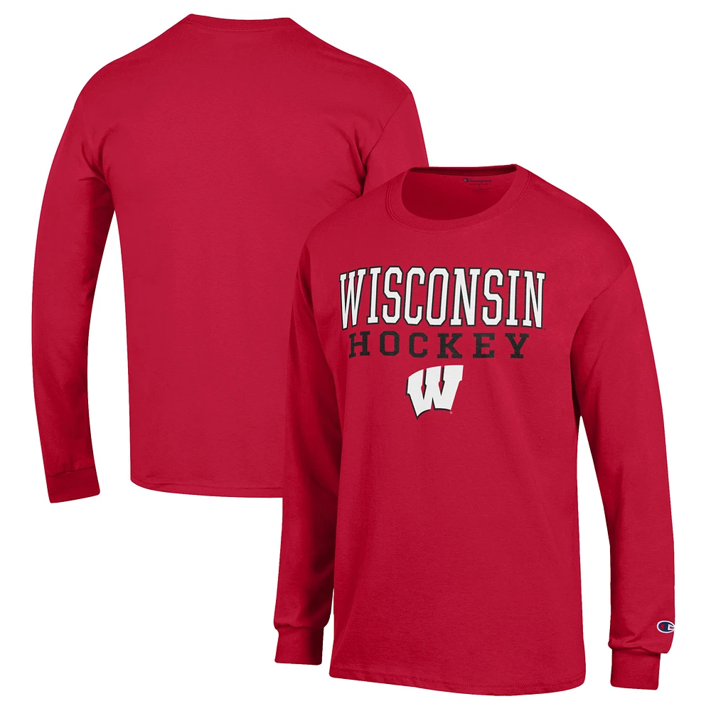 Men's Champion Red Wisconsin Badgers Stack Logo Hockey Powerblend Long Sleeve T-Shirt