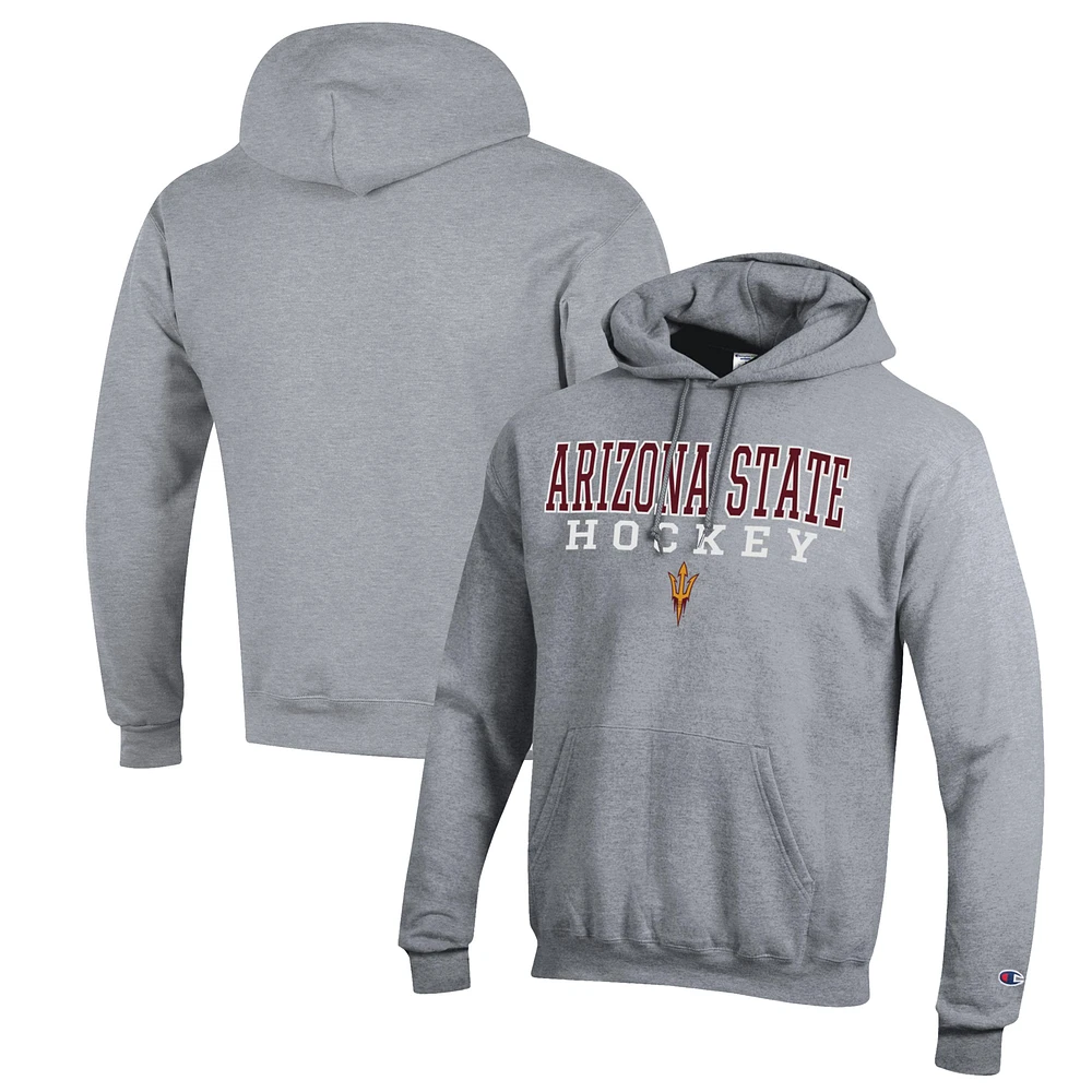 Men's Champion Heather Gray Arizona State Sun Devils Stack Logo Hockey Powerblend Pullover Hoodie