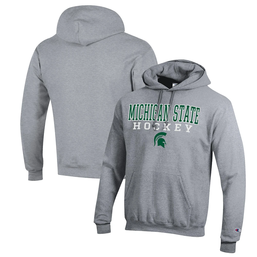 Men's Champion Heather Gray Michigan State Spartans Stack Logo Hockey Powerblend Pullover Hoodie