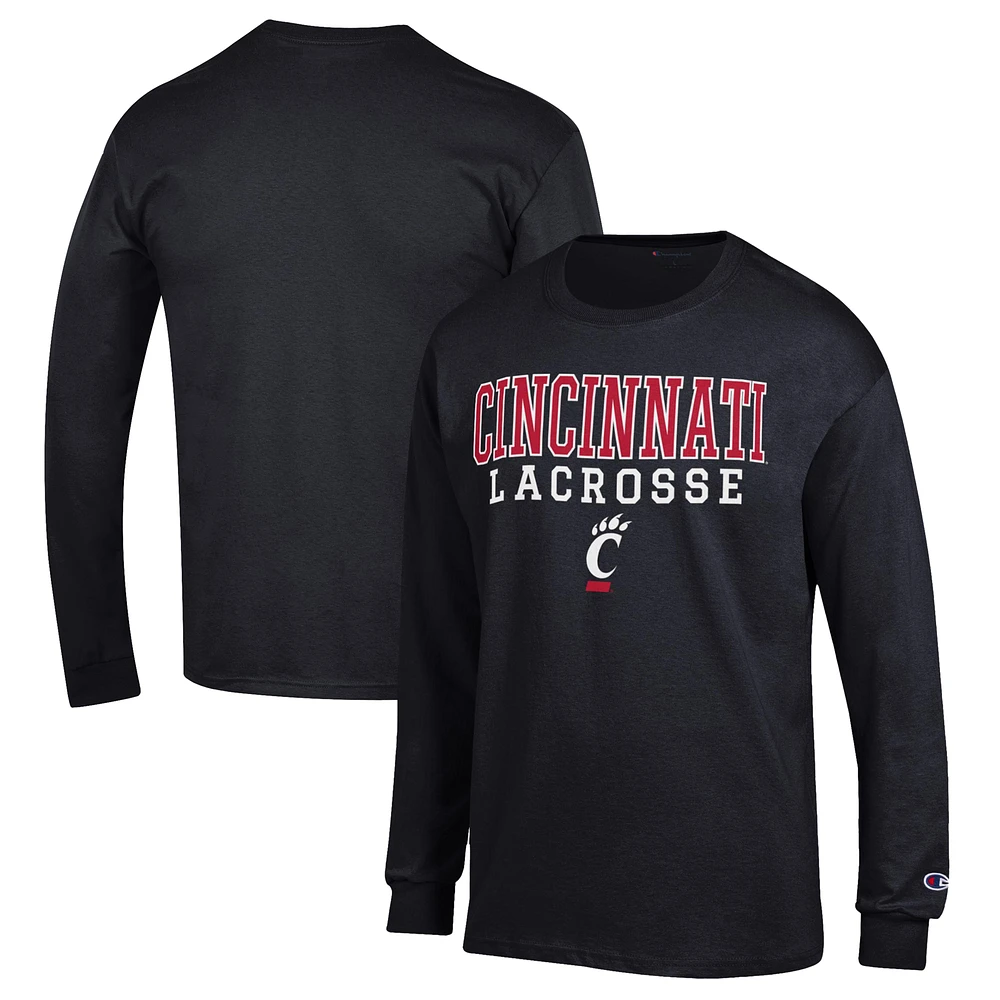 Men's Champion Cincinnati Bearcats Stack Logo Lacrosse Powerblend Long Sleeve T-Shirt