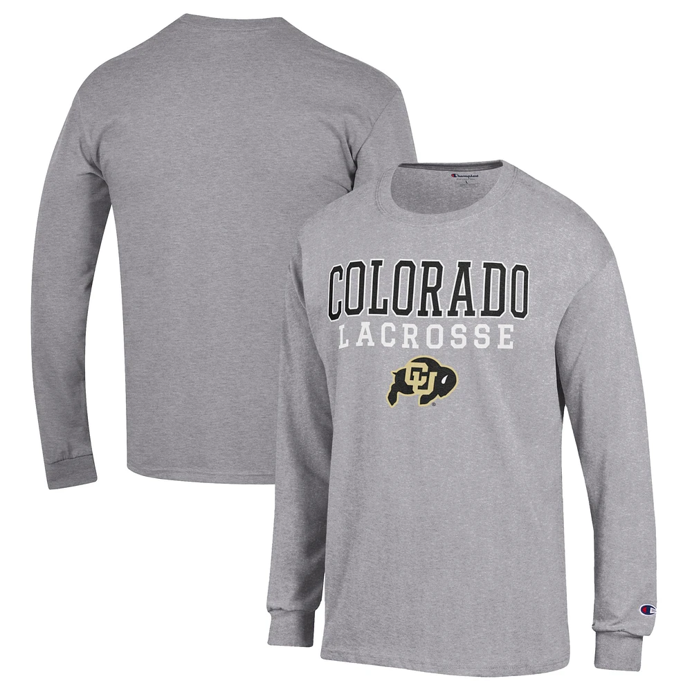 Men's Champion Heather Gray Colorado Buffaloes Stack Logo Lacrosse Powerblend Long Sleeve T-Shirt