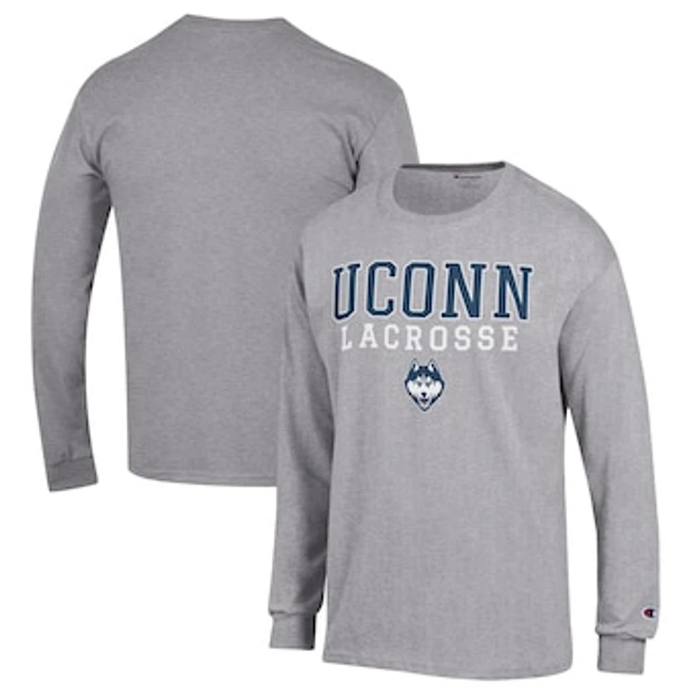 Men's Champion Heather Gray UConn Huskies Stack Logo Lacrosse Powerblend Long Sleeve T-Shirt