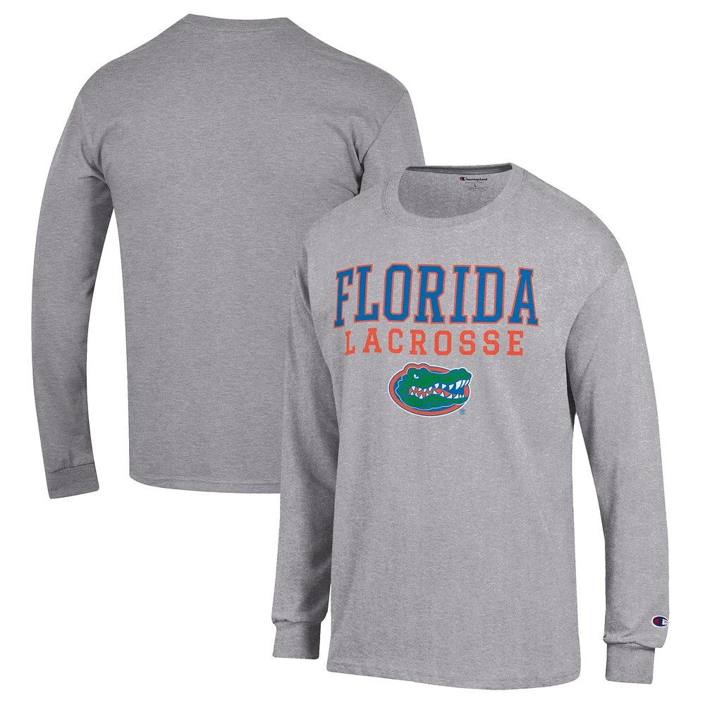 Men's Champion Heather Gray Florida Gators Stack Logo Lacrosse Powerblend Long Sleeve T-Shirt