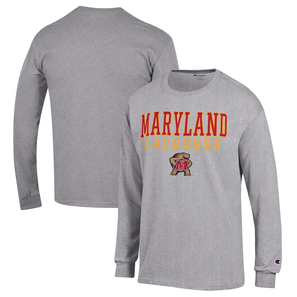 Men's Champion Heather Gray Maryland Terrapins Stack Logo Lacrosse Powerblend Long Sleeve T-Shirt