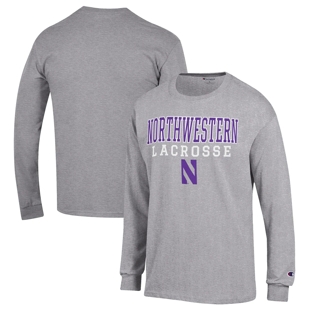 Men's Champion Heather Gray Northwestern Wildcats Stack Logo Lacrosse Powerblend Long Sleeve T-Shirt
