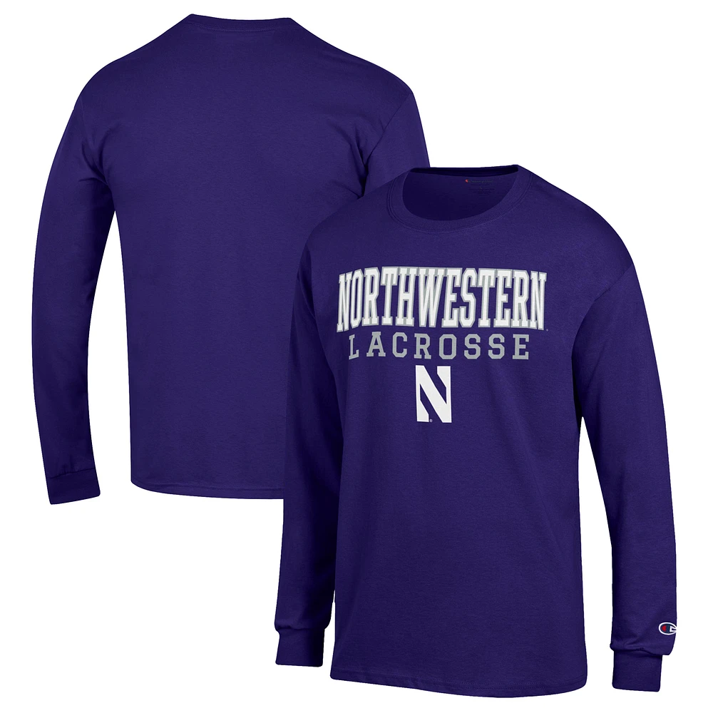 Men's Champion Purple Northwestern Wildcats Stack Logo Lacrosse Powerblend Long Sleeve T-Shirt