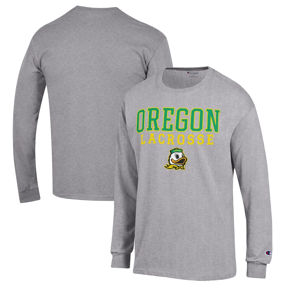 Men's Champion Heather Gray Oregon Ducks Stack Logo Lacrosse Powerblend Long Sleeve T-Shirt