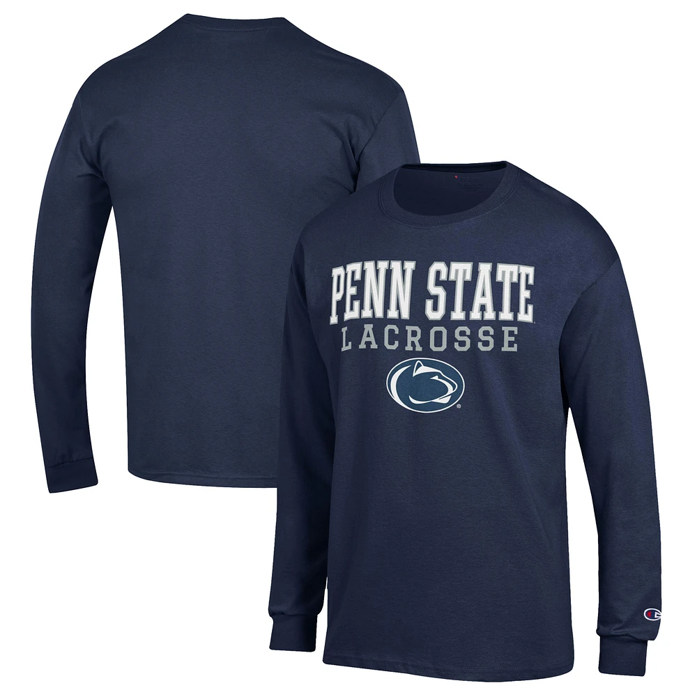 Men's Champion Navy Penn State Nittany Lions Stack Logo Lacrosse Powerblend Long Sleeve T-Shirt